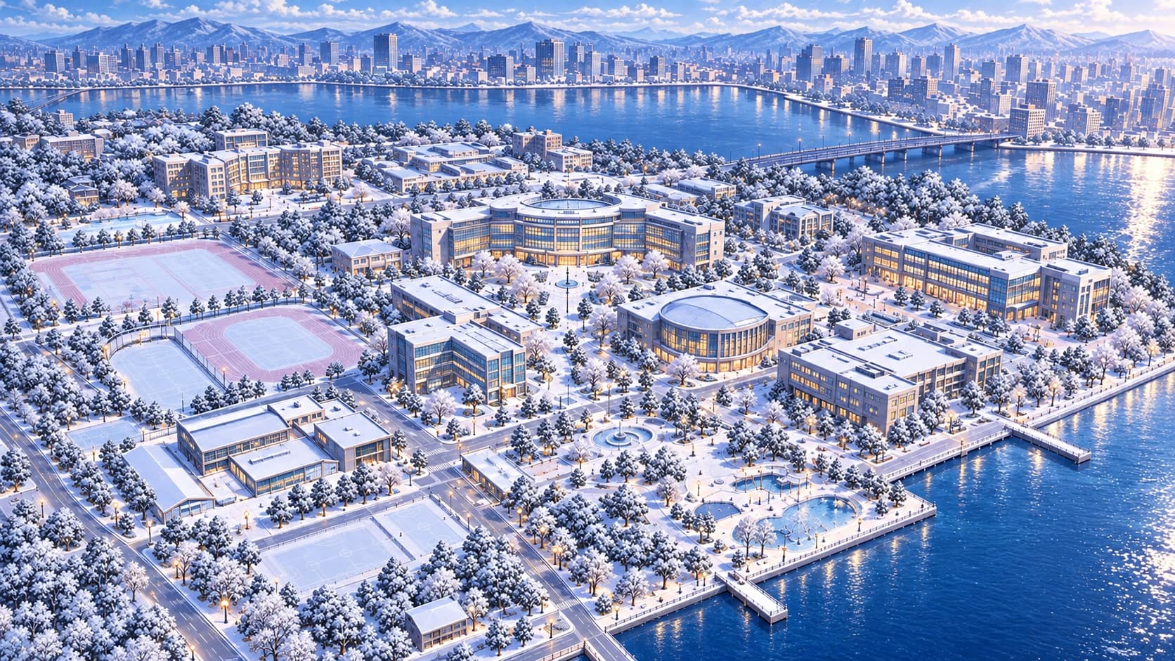 Aerial view of the campus covered in snow on a clear winter day.