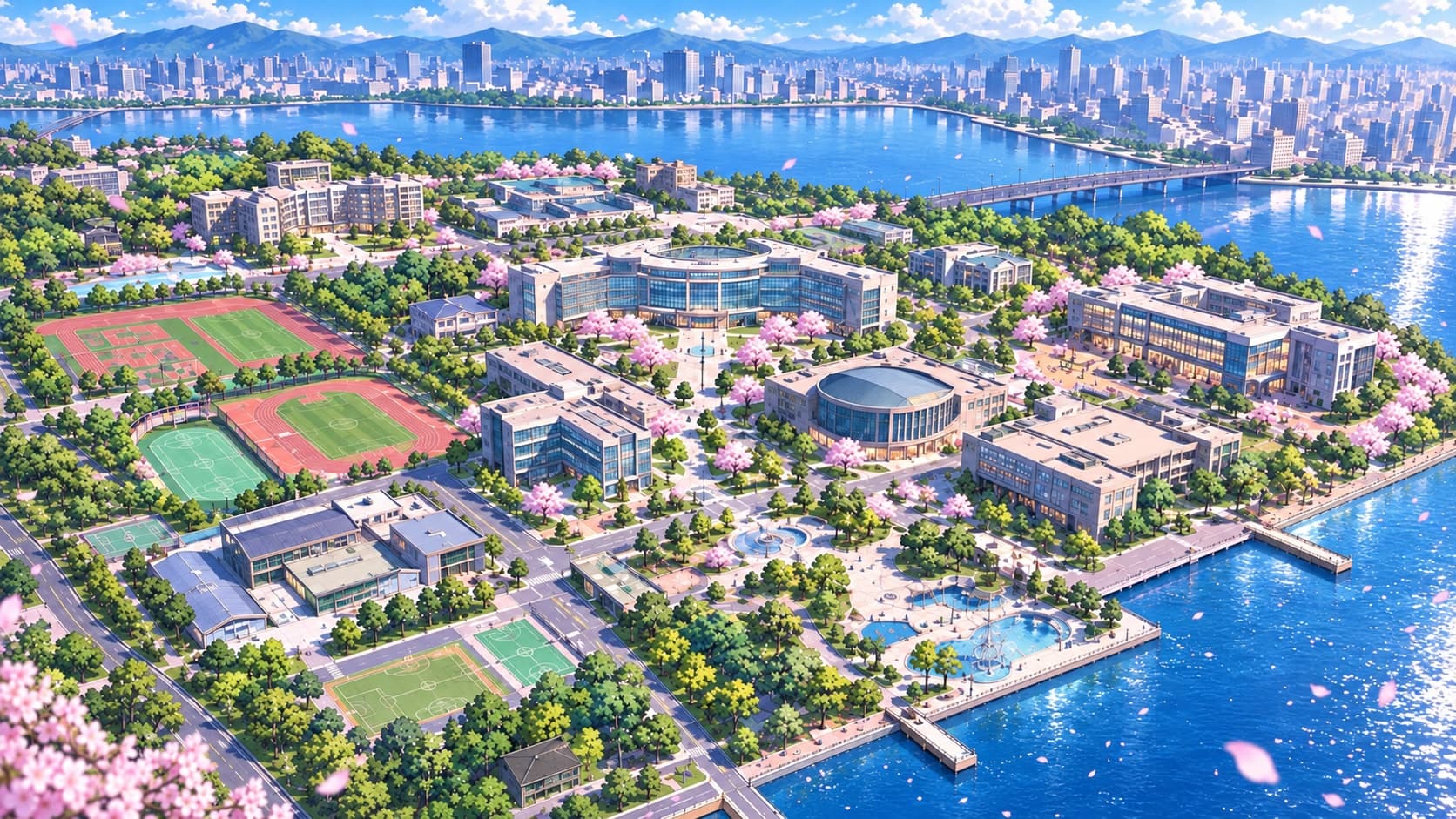 Aerial view of a modern school campus on a waterfront in spring, with cherry trees in blossom, sports fields and a city skyline across the water.