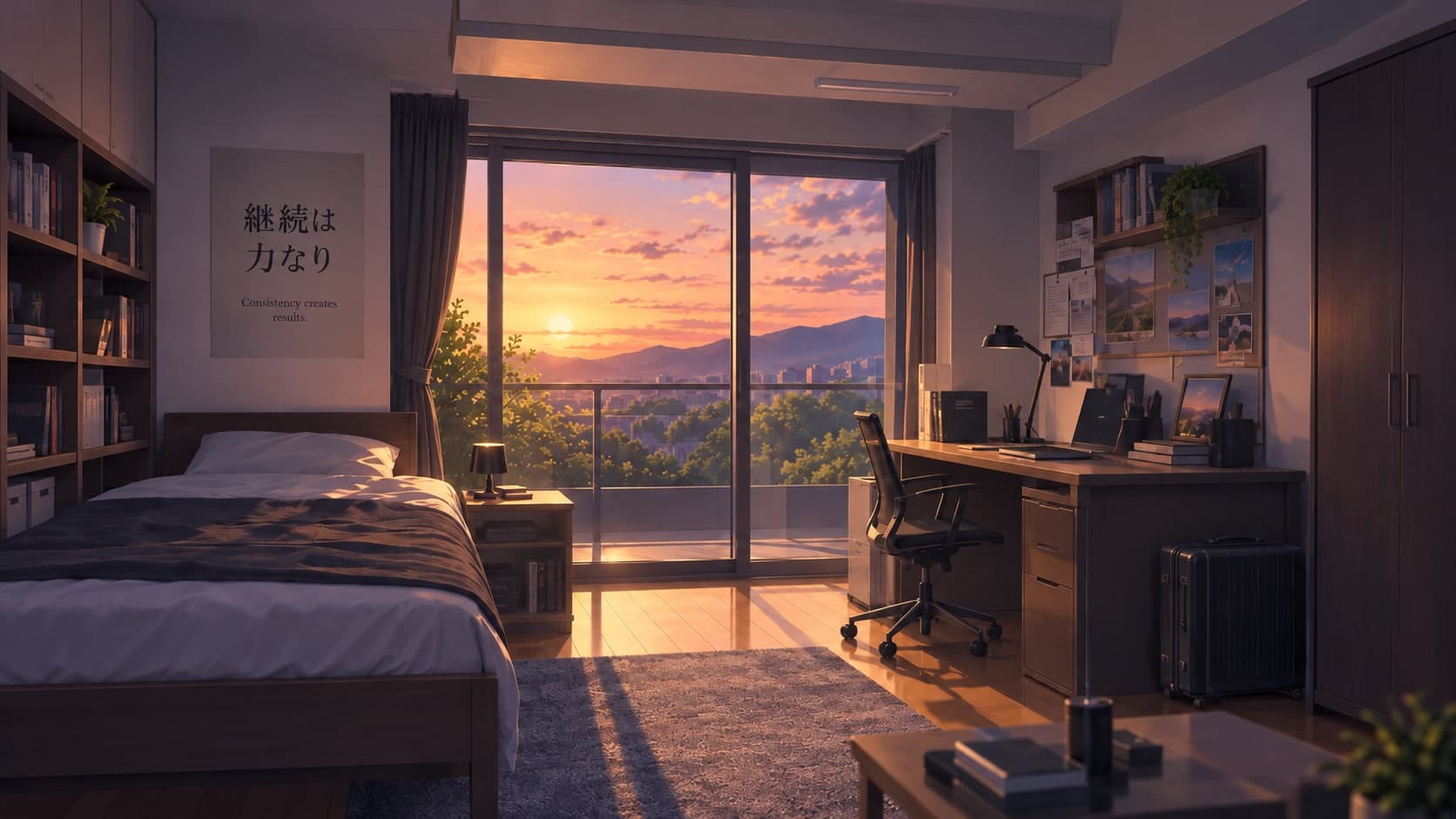 A student dormitory room at sunset with a bed, a desk and chair, bookshelves and a glass balcony door looking out over hills and water.