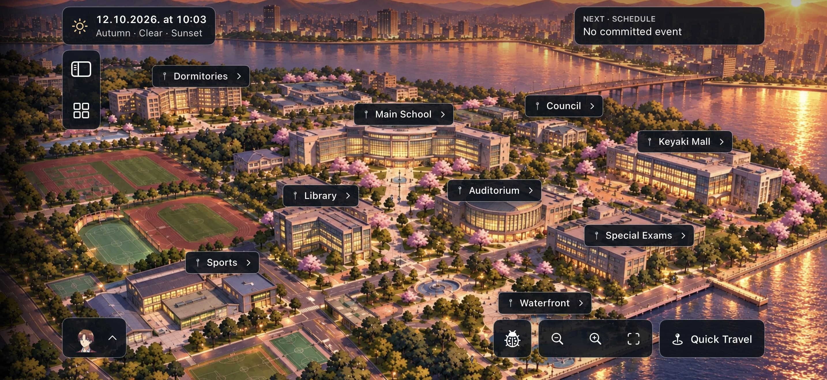 Game screenshot: the campus map at sunset with warm lighting, labelled buildings and map controls.