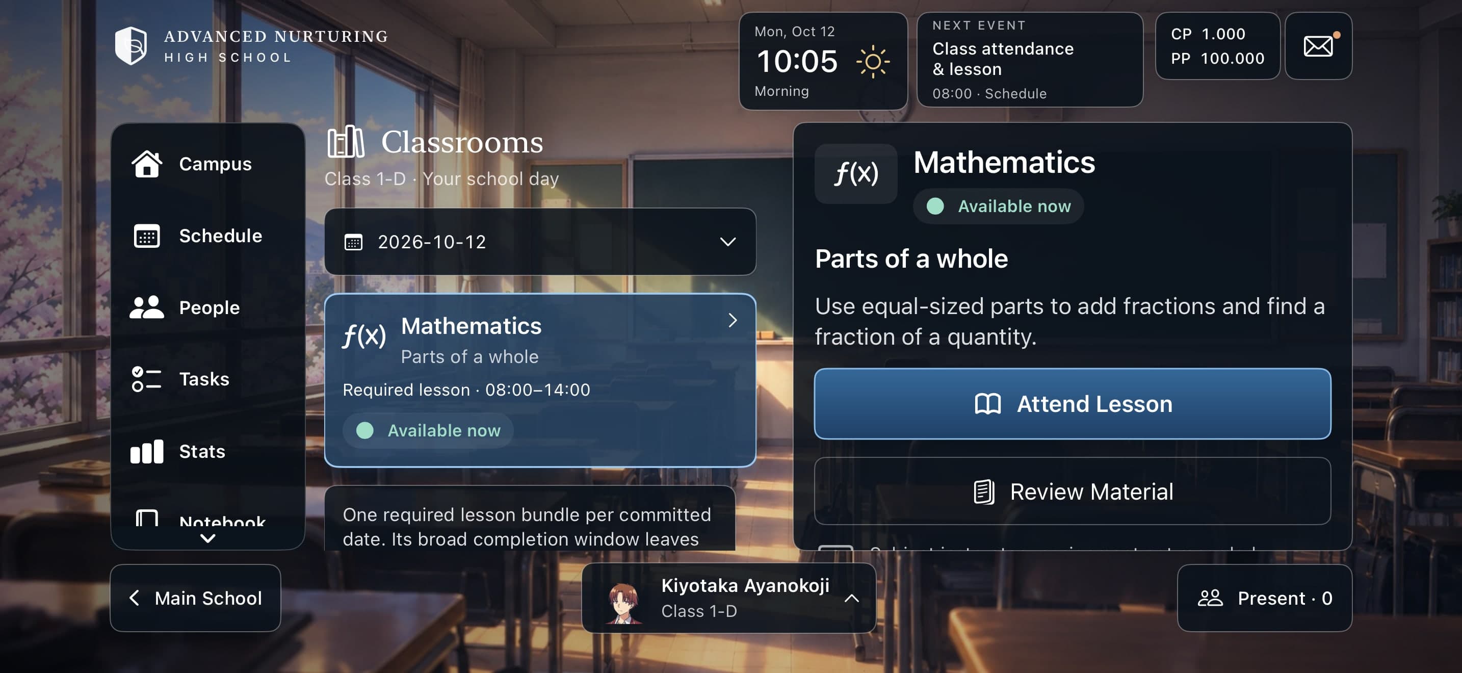 Game screenshot: a classroom screen showing a mathematics lesson titled Parts of a whole, with Attend Lesson and Review Material buttons and a side navigation menu.