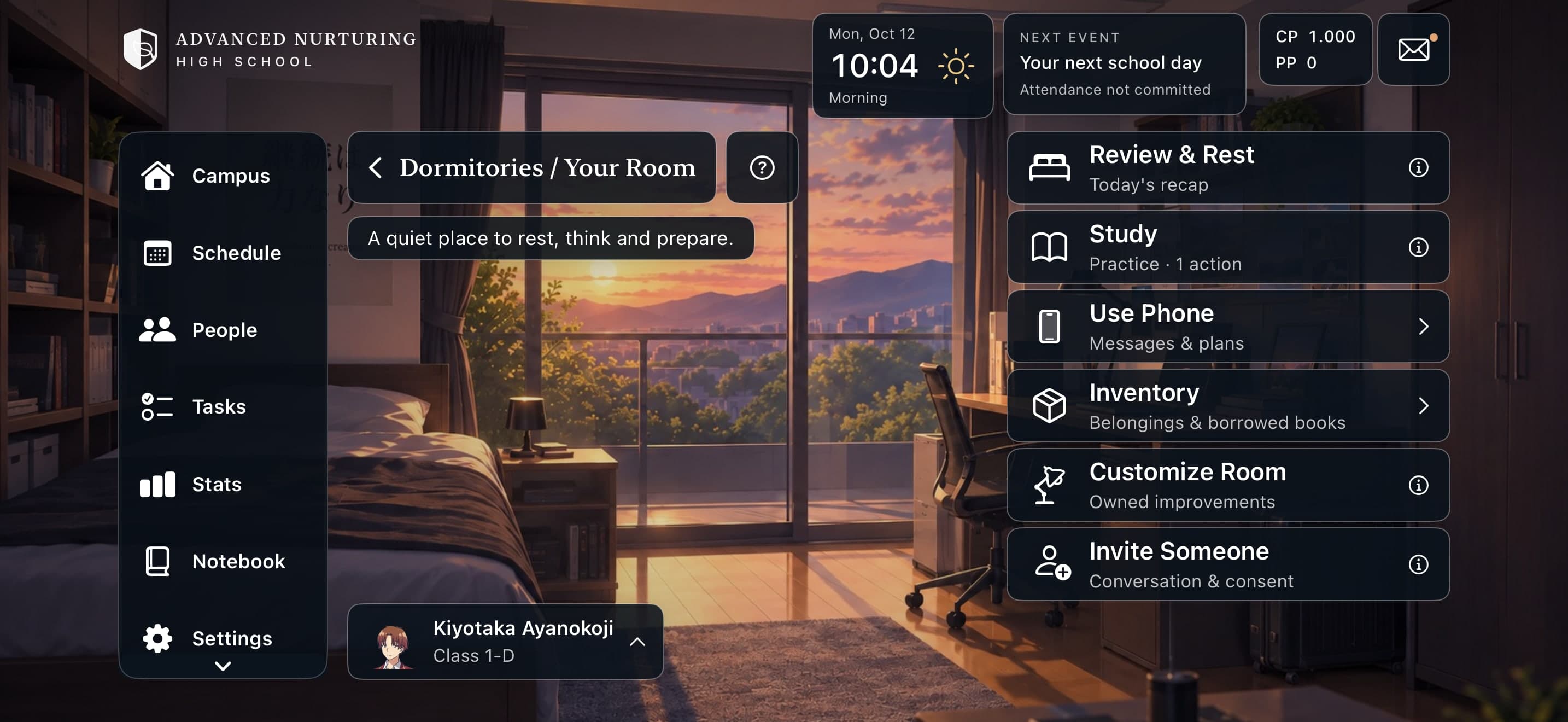 Game screenshot: a dormitory room at sunset with a menu listing Review and Rest, Study, Use Phone, Inventory, Customize Room and Invite Someone.