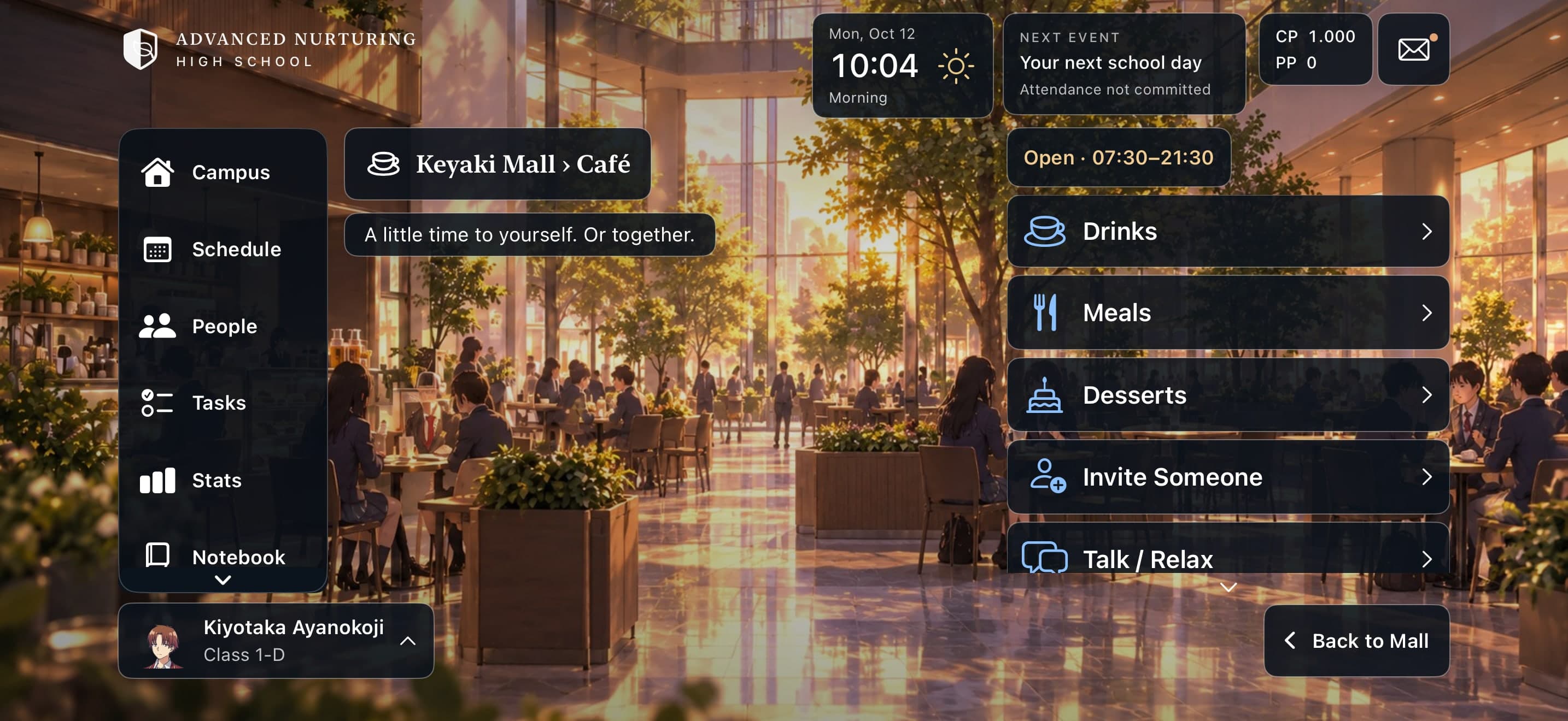 Game screenshot: a busy atrium café with a menu listing Drinks, Meals, Desserts, Invite Someone and Talk or Relax, and opening hours of 07:30 to 21:30.