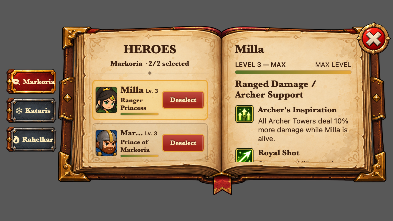 Offline hero-book composition at maximum level; not an interactive iPhone capture.