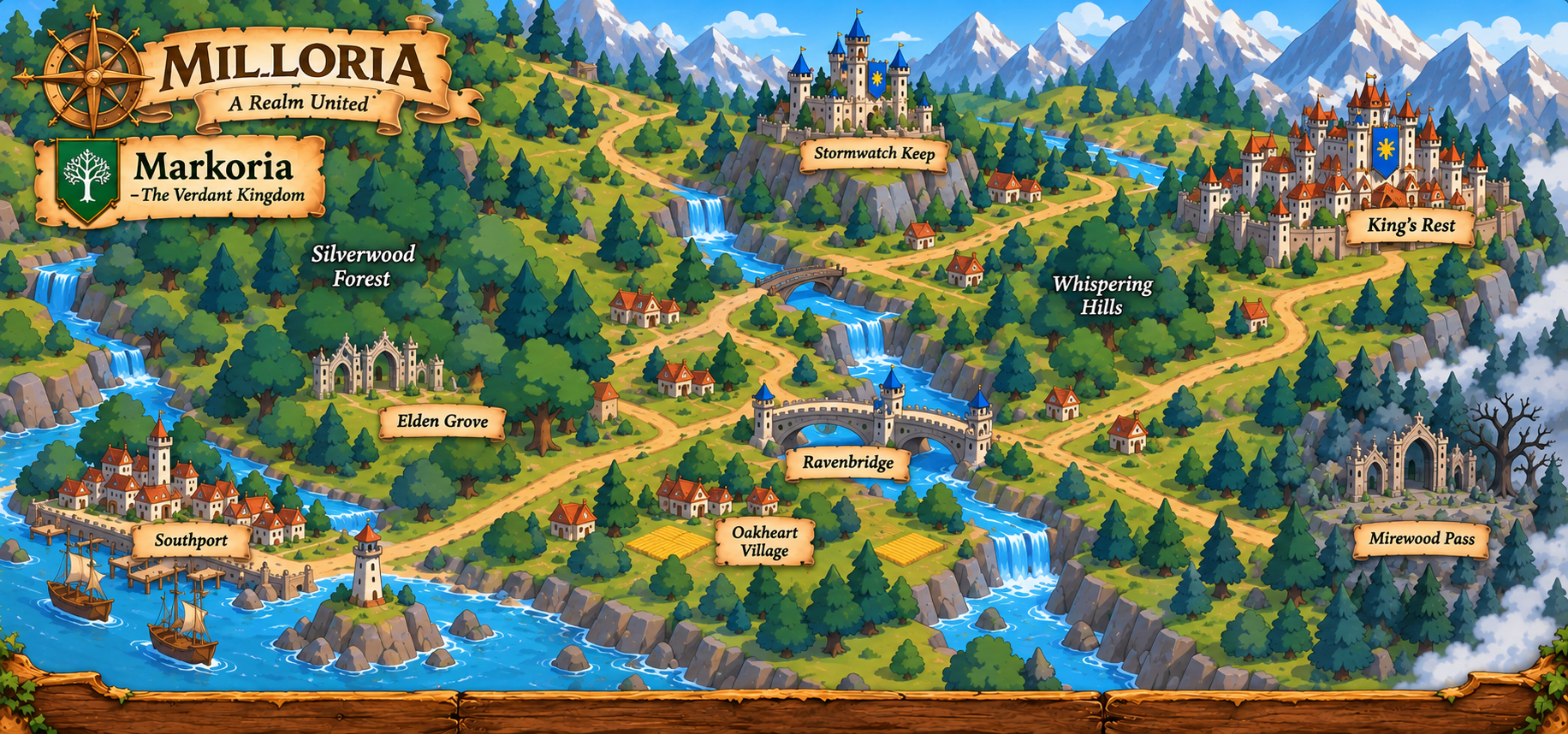 Illustrated map of Markoria with Southport, Elden Grove, Ravenbridge, Stormwatch Keep and King’s Rest